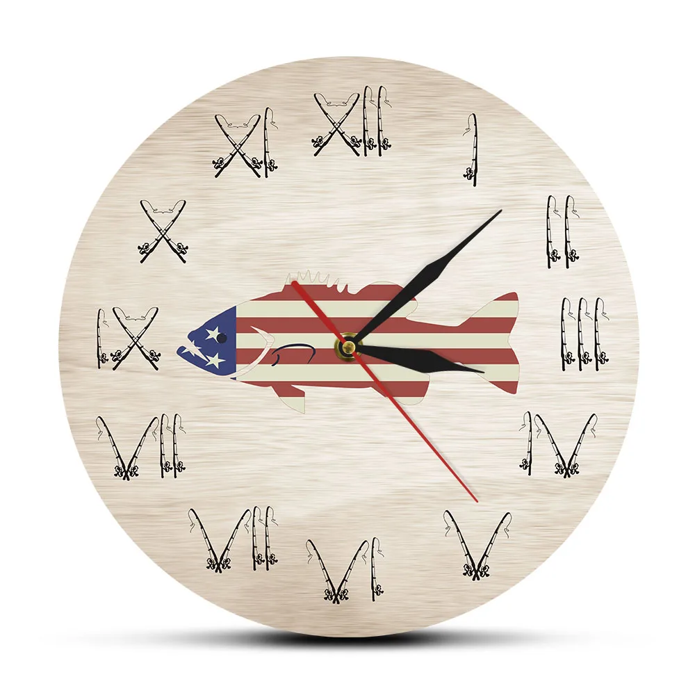 Fishing Distressed American USA Flag Wall Clock Fishing Pole Roman Numerals America Fishing Decorative Wall Clock Fisherman Gift
