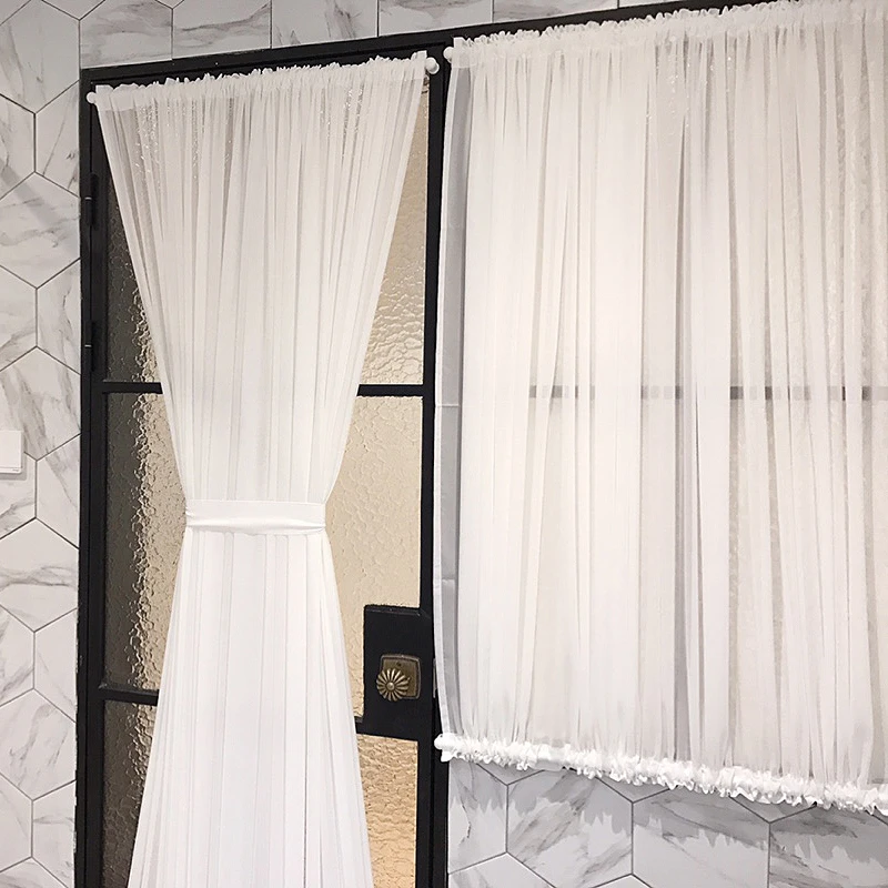 Wearing Pole Curtain White Lace Coffee Mesh Pure Yarn Up and Down Fixed Curtain for Bar Kitchen Cabinet Door