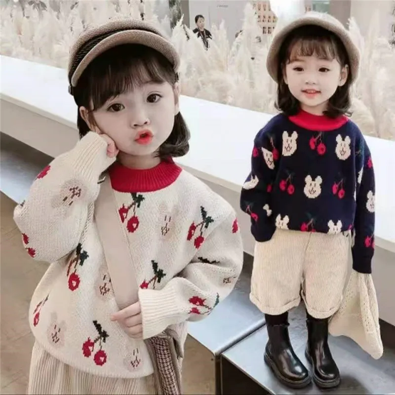 

Cool Baby Girl Boys Blue Casual Fleece Sweater Children's Knitted Woolen Autumn/Winter Kids Cute Cherry Rabbit Gift Keep Warm