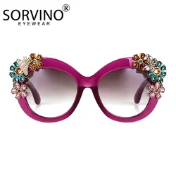 80S Women Oversized Flower Diamond Sunglasses Luxury Brand Designer Retro Vintage Cat Eye Rhinestone Shades Sun Glasses