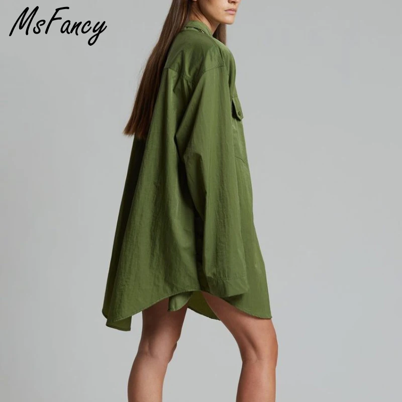 Msfancy Army Green Blouse Women 2022 Fashion Long Sleeve Plus Size Shirt Mujer Fall Lapel Casual Tops