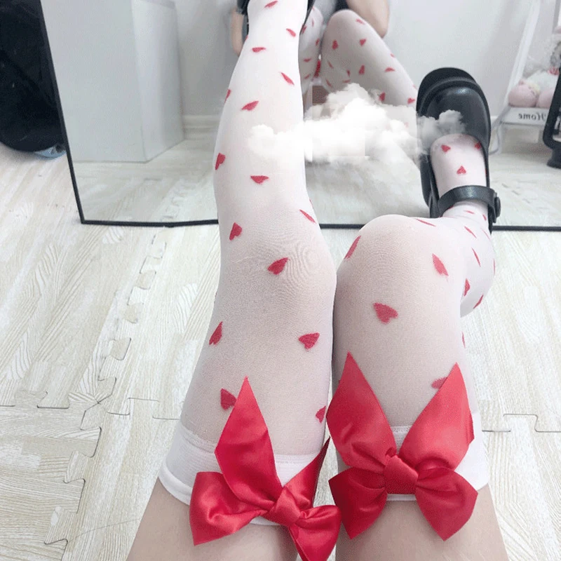 Pure Lovely Red Bow Over Knee White Tigh High Small Heart Stockings Cute Transparent Sexy Suspender Tube Silk Stocking 2020