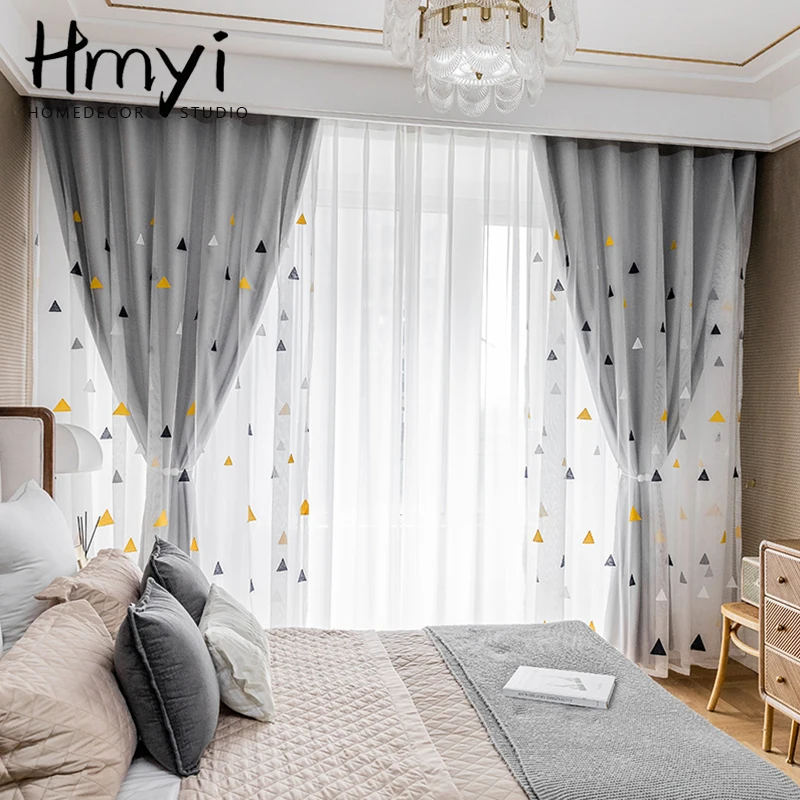 

Nordic Style Embroidered Blackout Tulle Curtains For Kids Living Room Triangle Sheer Window Curtains For Bedroom Window Drapes