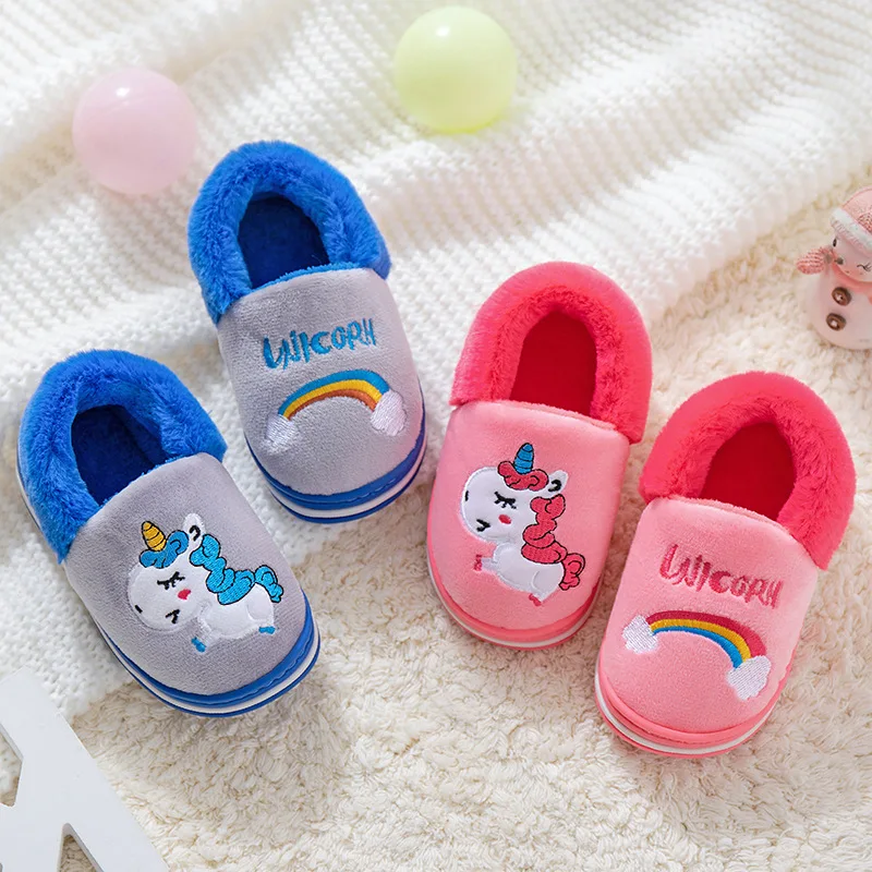 Unicorn Kids Slippers for Toddler Boys Indoor Shoes Baby Girl Fur Slides Cotton Flip Flop Warm Winter House Children Slipper