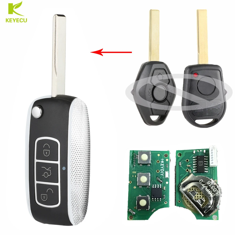 KEYECU Modifed Bentley Style Folding Remote Key Fob 3Button 315Mhz/433MHZ ID44 for 1999-2005 BMW Model  HU92 Uncut Blade