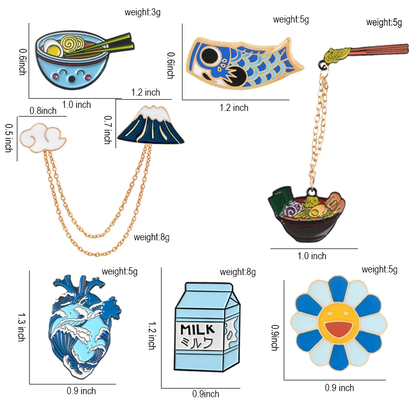Japanese Style Enamel Pins Collection Mount Fuji Ramen Milk Carton Koi Fish Ukiyo-e Lapel Pins Brooches Badges Jewellery Friends