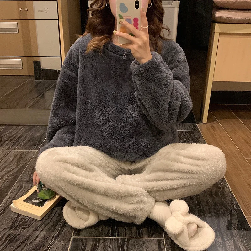 Kobiety flanelowe O-Neck piżamy zestaw zimowy ciepły 2 sztuk bielizna nocna jednolity kolor bielizna nocna kobiet Pijamas garnitur koral polar Loungewear