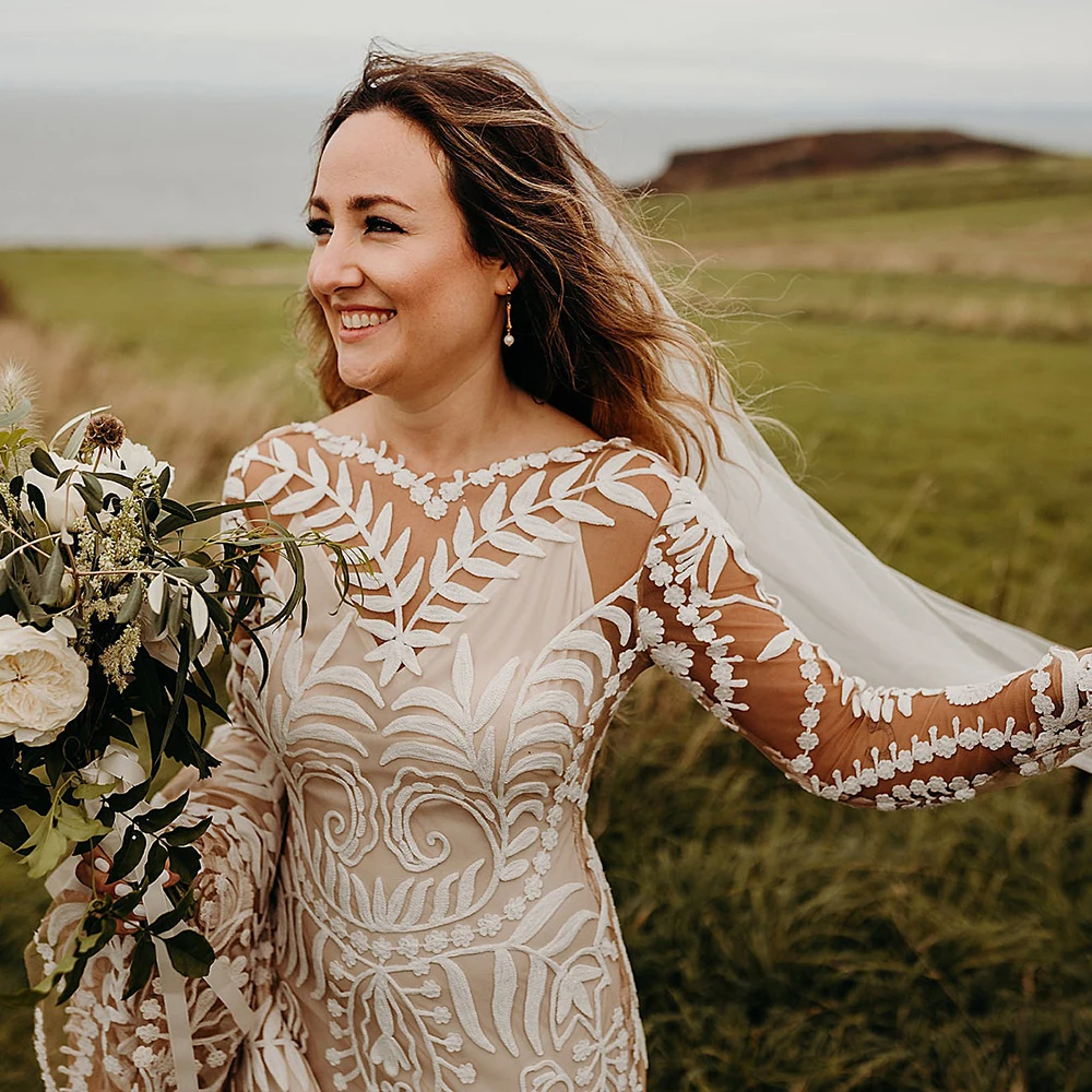 Robe de Mariée Personnalisée en Dentelle avec Fente Haute et Col en V, Deux Pièces, Manches sulf, Style Boho, pour Patients Sirène