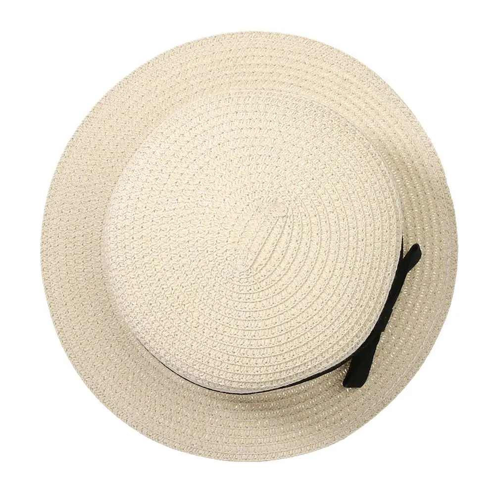 Summer New Women\'s Sun Hat Bucket cap Ribbon Flat top Straw Hats Beach Caps Panama Women Sun Hat Brim Bowknot Straw Outdoor Hat