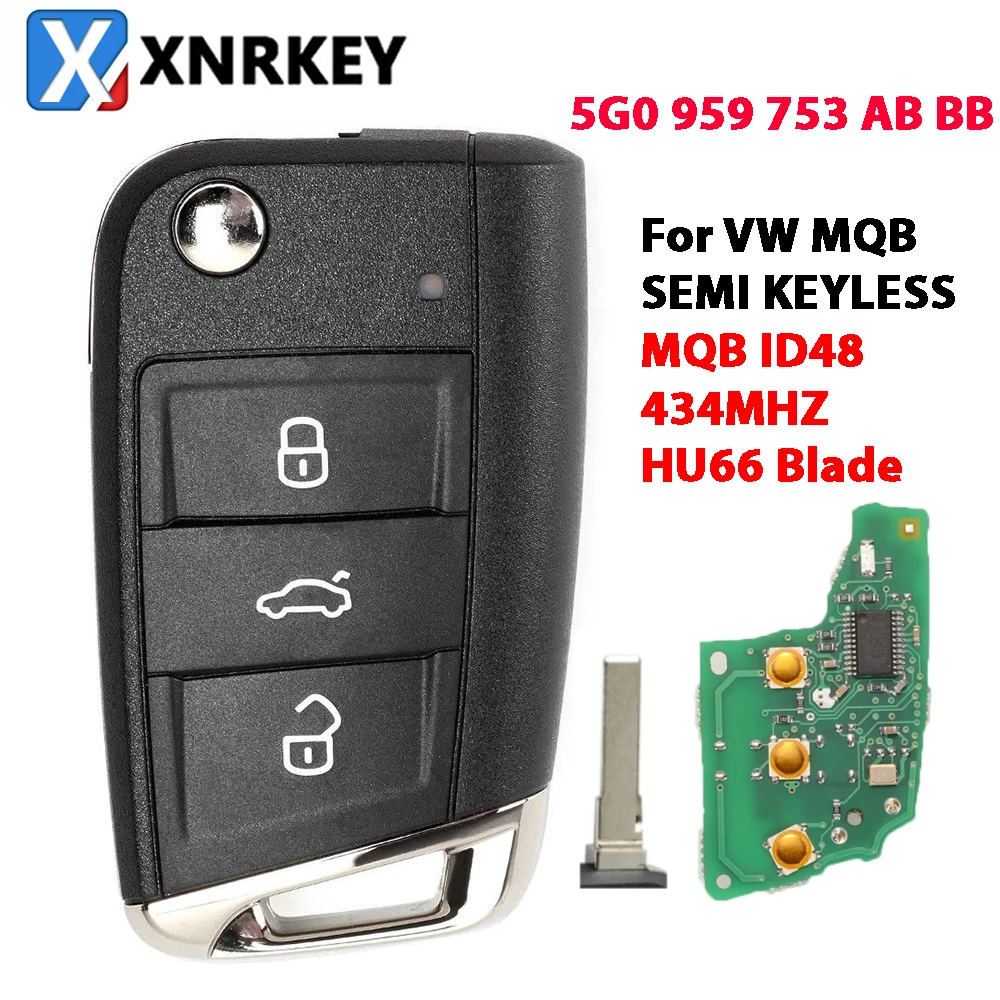 

XNRKEY Remote Car Key 433MHz Megamos MQB Chip for VW Golf Mk7 Polo Tiguan Skoda Octavia Leon 2012-20175G6959752AB BB 6V0959752D