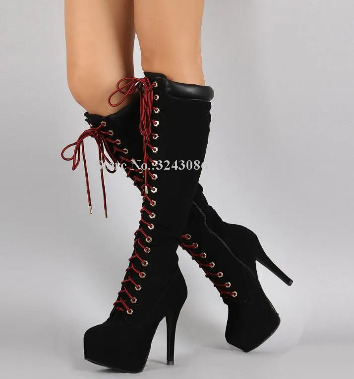 

Fashion Black Suede Lace-up Platform Long Boots Women New Mixed Color Stiletto Heel Knee High Boots Ladies Popular Large Size