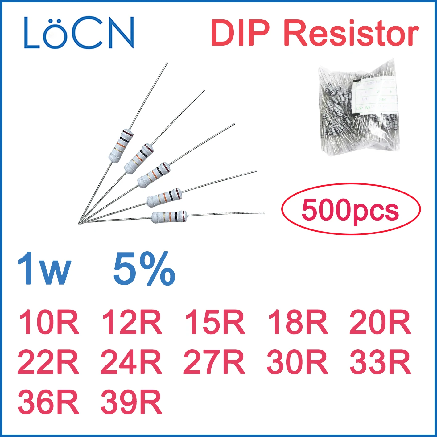 500pcs 5% 1W 탄소 필름 저항기 DIP 10R 12R 15R 18R 20R 22R 24R 27R 30R 33R 36R 39R OHM 컬러 링