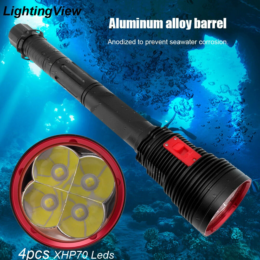 New Professional IPX8 Underwater Light 4* XPH70 LED Scuba Diving Torch Spearfishing Flashlight Powered by 26650 Battery