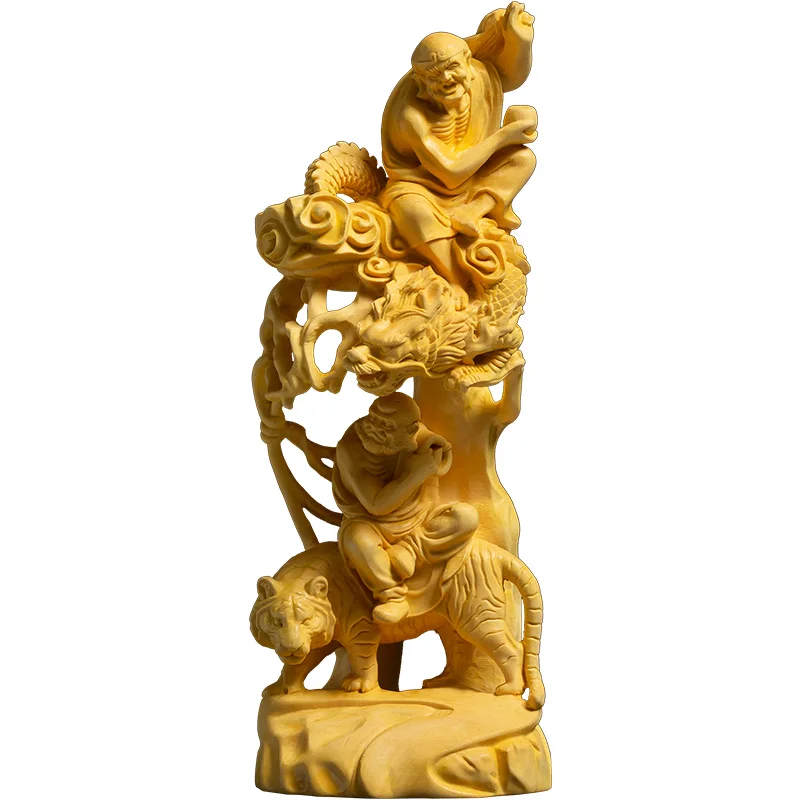 

Dragon and Tiger Arhat Statue, Hand-Carved Boxwood Buddha, Feng Shui Zen, Home Decor Accessory