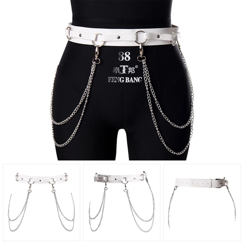 

White Leather Harness Belt Harajuku Goth Punk Sexy Clothing Accessory Metal Chain Waist Belt for Women Suspender Bondage