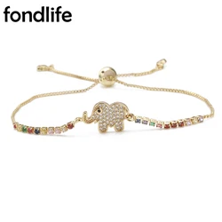 5mm Gold-plated Copper Beads Cubic Zirconia Crystal Brass Elephant Charm Chain Adjustable Bracelet Women Girl Simple CZ Jewelry