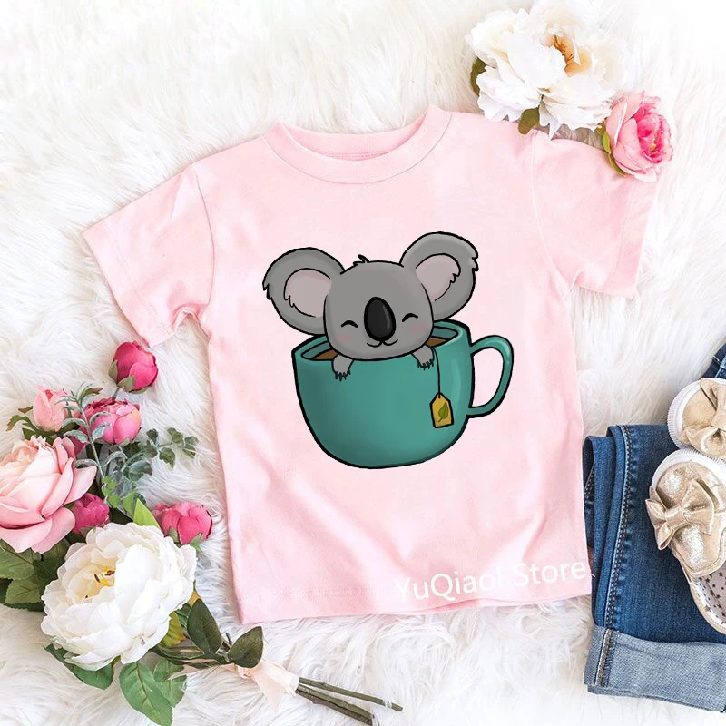 Koala Love Coffee Print Baby Girl T-Shirt Child Summer Top Pink Tshirt Toddler Shirt Teen T Shirt Kids Clothes From 3 To 13 Year