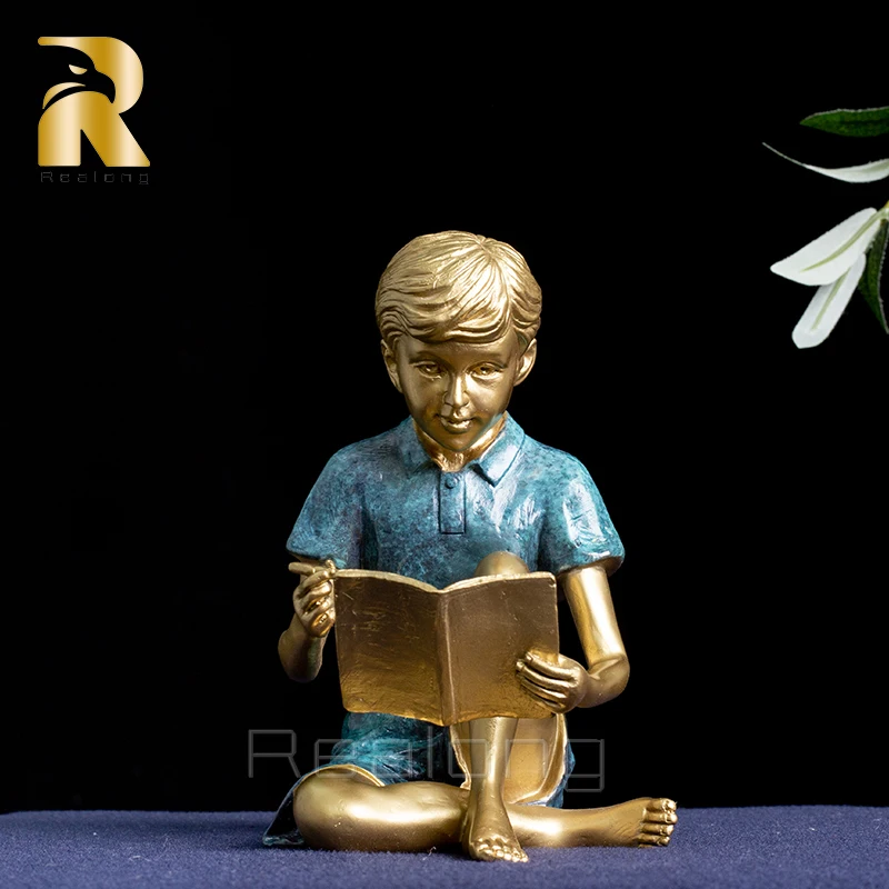 Bronze Children Reading Book Sculpture Boy Reading Book Bronze Statues Home Decoration Accessories Figurines For Interior Gifts