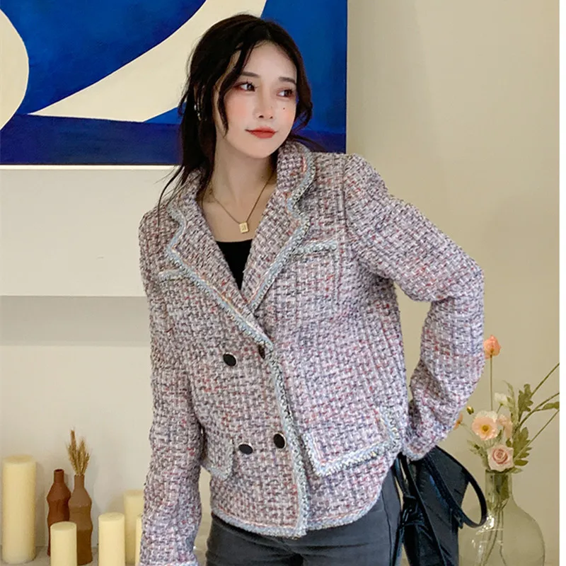 

High Quality Autumn Winter Tweed Jacket Coat Fashion Women Turn Down Collar Double Breasted Vintage Long Sleeve Outerwear