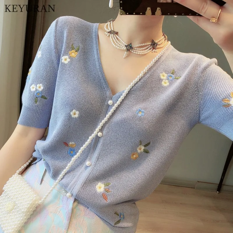 Floral Embroidery Thin Knitted Cardigan Sweater Summer Women Korean Chic V-neck Short Sleeve Single-breasted Ice Silk Top Female