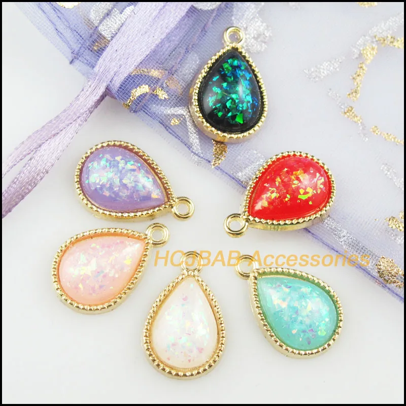 12 New AB Shivering Mixed Resin Teardrop Flower Charms Gold Tone 13x19.5mm