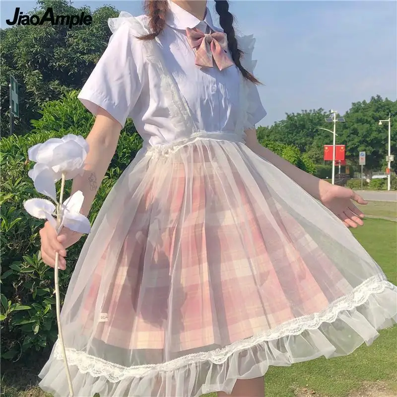 Japanese Lolita Style Women Cute 3 Pieces Dress Set Girls Student Preppy Style White Shirt+Plaid Skirts+Mesh Dress Bow Tie Suit