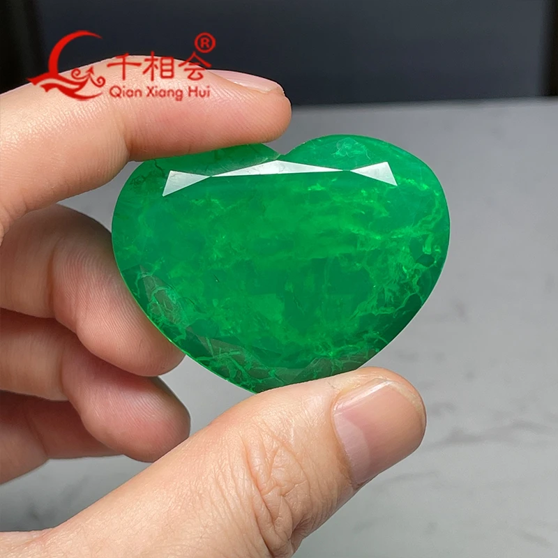 Natural white Crystal inclusions Heart Shape Stone 40x50mm with Glass Green & Paraiba Color Loose Gemstone