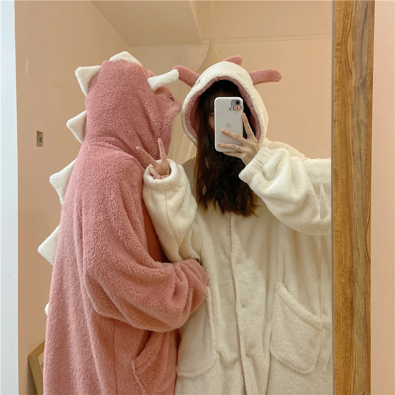 Autumn Winter Women Cute Pajamas Cartoon Ears Hooded Sleepwear Coral Fleece Lady Home Clothes Female Sweet Warm Lounge Pyjamas