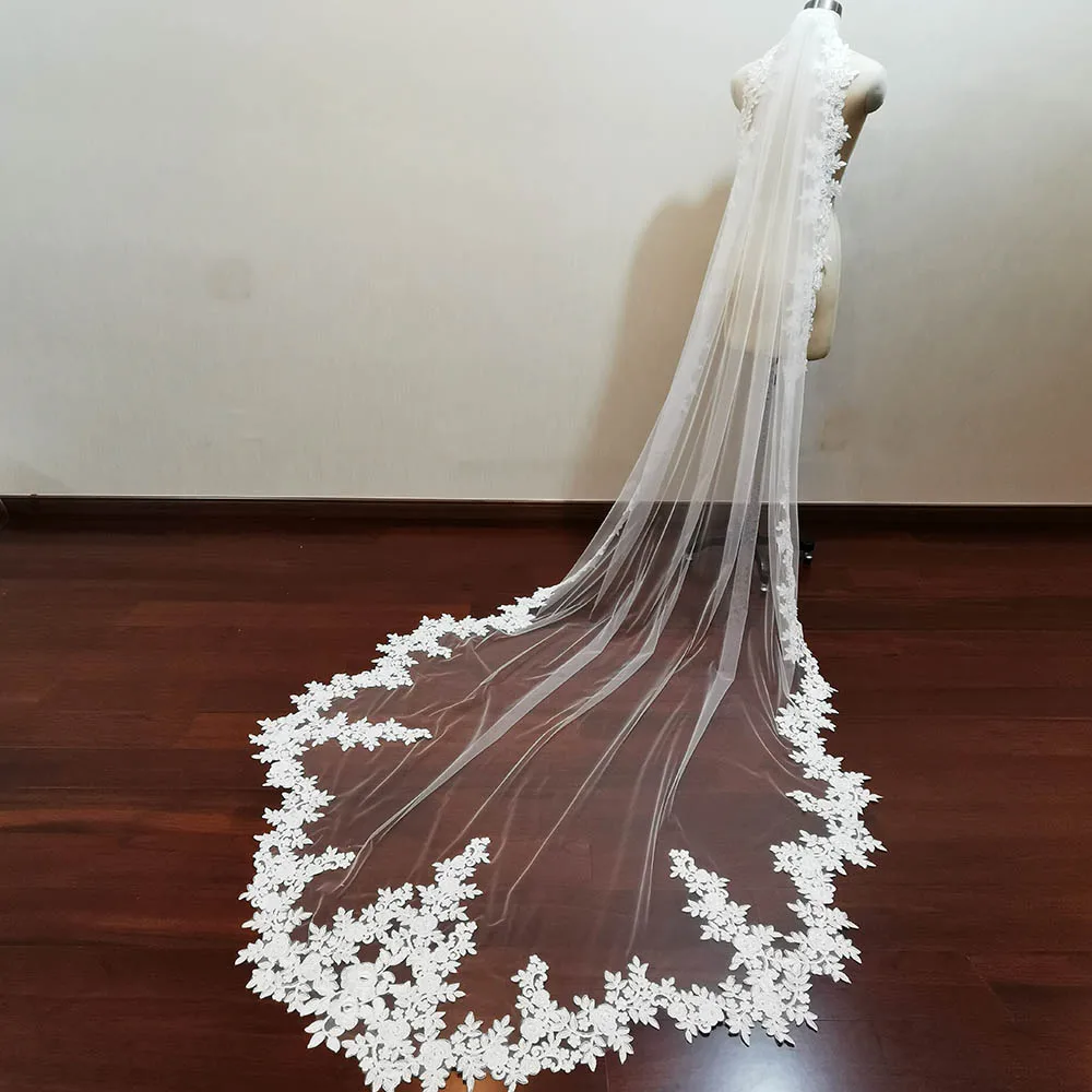 Customized Luxury Dramatic Scallop Lace Wedding Veil White Ivory 3 Meters Long Bridal Veil with Comb Wedding Accessories