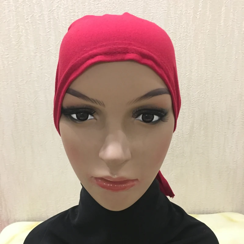 H048 Plain Cotton Tie Back Hats Muslim Turban Pure Color Stretch Inner Hijabs Underscarf Women Head Scarf Under Hijab Bonnet