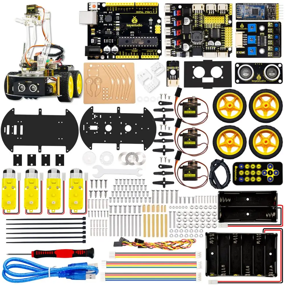 Keyestudio STEM 4WD Robot Car Kit With Mechanical Robot Arm For Arduino Robot Car DIY Electronic Kit Project Support IOS Control