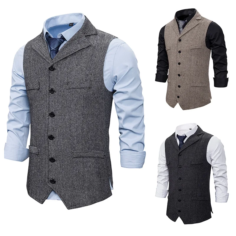 Autumn Business Vest Men\'s Clothing Male Lapel Casual Men Suit Vest With Pockets Vest Outerwear Chaleco Hombre