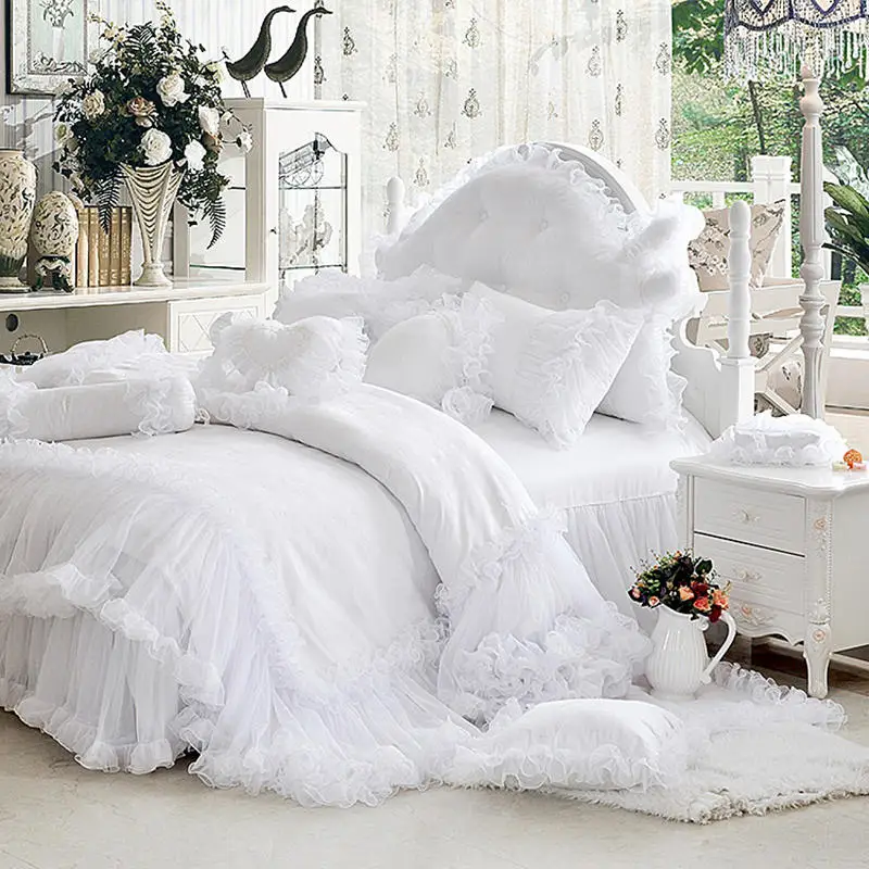 

White Princess Wedding Bedding Set Luxury Jacquard Satin Cotton Lace Duvet Cover Bedspread Bed Skirt Pillowcases Home Textile