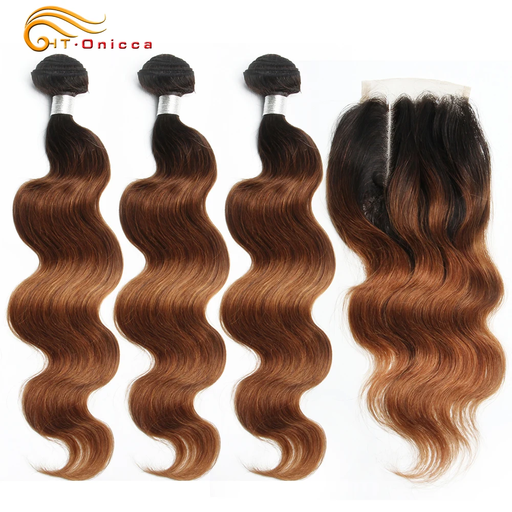 Ombre Brazilian Body Wave Bundles With Closure 70g/pc Human Hair 3 Bundles With Closure 1B/30 Honey Blonde Bundles With Closure