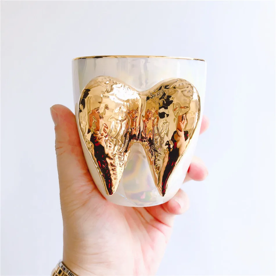 

Ceramic Gold coffee Mugs angel wing shape cup cute Creative Milk Mug with spoon Home Office Cup For Fruit Juice Novelty Gifts