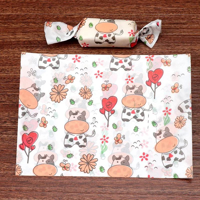 500pcs/lot Nougat Cartoon Wrapping Paper Cute Milk Cow Heart-shaped Flower Blossom Decor Candy Oil Paper Baptism Sugar Packaging