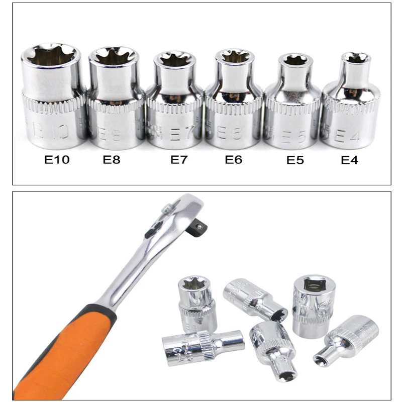 6pcs E-Socket Sockets 1/4 Inch Torx Star Female Bit E Socket Set E4 E5 E6 E7 E8 E10 Socket Nuts Set Hand Tools Repair Tools