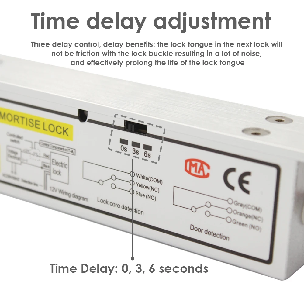 8 Wire NC/9 Wire NO DC12V Electric Lock Magnetic With Time Delay 0/3/6 Second Mortise Door Lock Fail Safe Fail Secure Bolt Lock