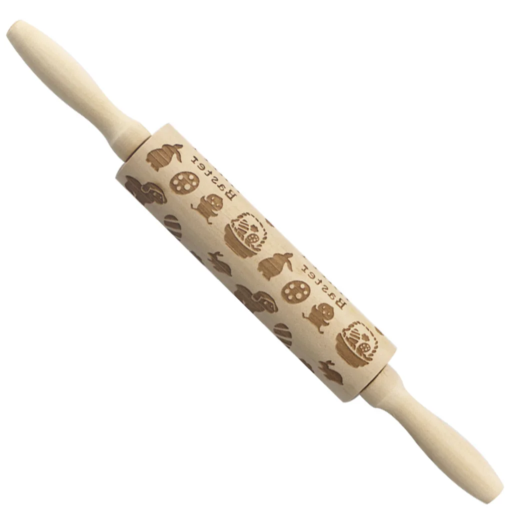 Wooden Spring Easter Bunny Radish Flower Painted Egg Rolling Pin Wood Embossed Rolling Pin Cookie Rolling Stick Texture Roller