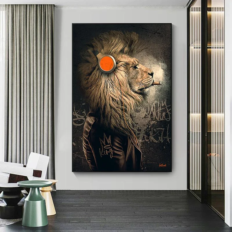 Animal Painting Funny Headphone Lion Canvas Oil Paintings Wall Art Posters and Print Canvas Prints for Living Room Decoration