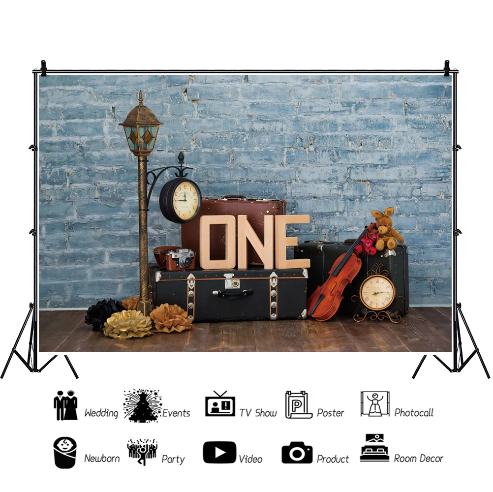 เด็กวันเกิดภาพพื้นหลังโปสเตอร์สีฟ้ากำแพงอิฐการถ่ายภาพเด็กฉากหลังภาพครอบครัว Photo Studio