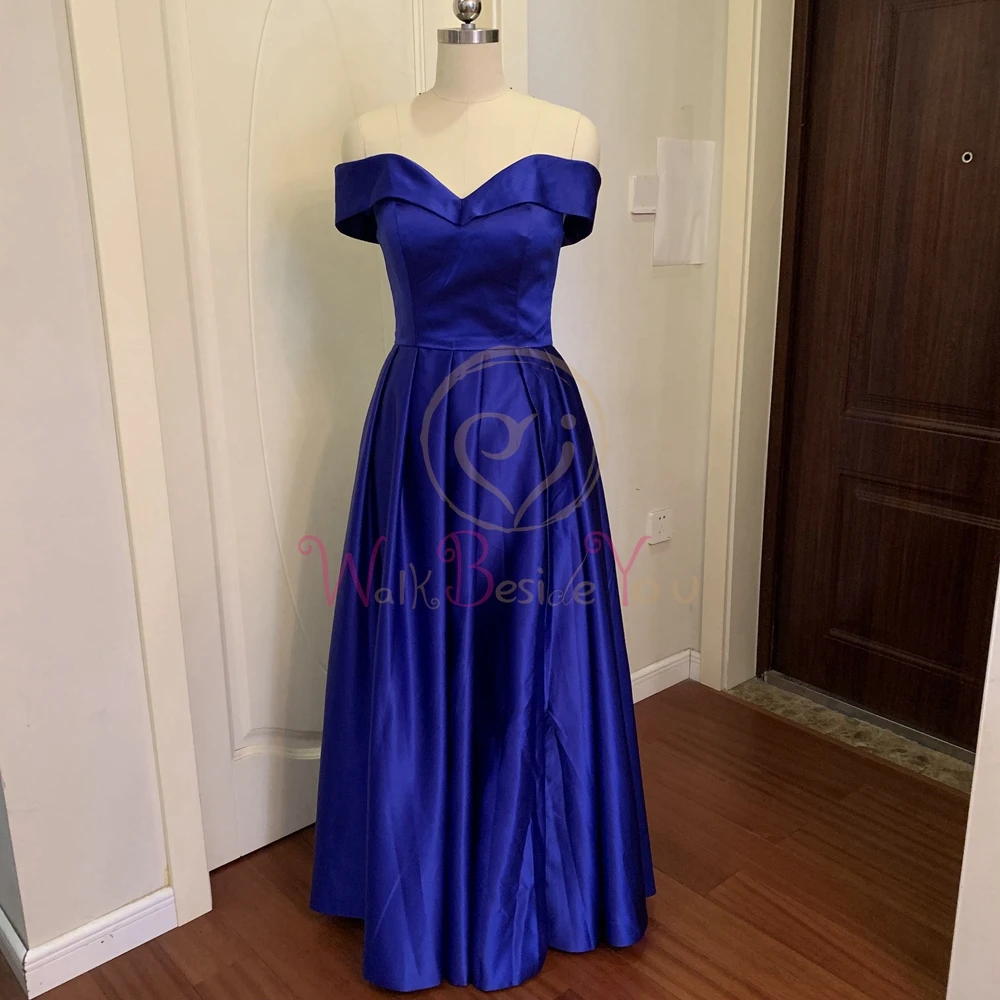 Sexy V Neck Royal Blue Evening Dresses A Line Long Satin Off Shoulder robe de soiree Floor Length Split Prom Formal Party Gowns