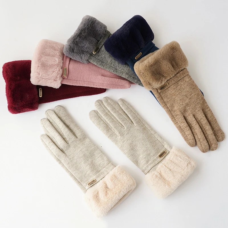 2021 nowe rękawiczki do ekranu dotykowego Grace kobiety w stylu Vintage zima pełna Finger utrzymać ciepłe Faux Fur Slim wiatroszczelne rękawiczki