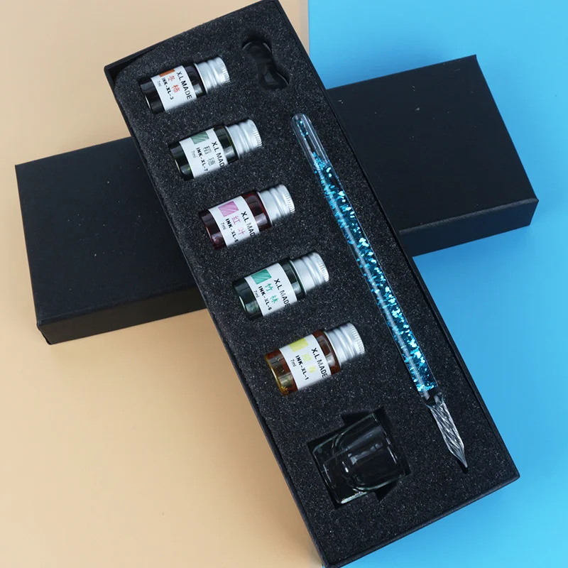 3/8pcs Quicksand Glass Dipped Pen And Ink Set New Fountain Pencil Gold Powder Color Ink Sets Creative Gifts Pencil Box Gift