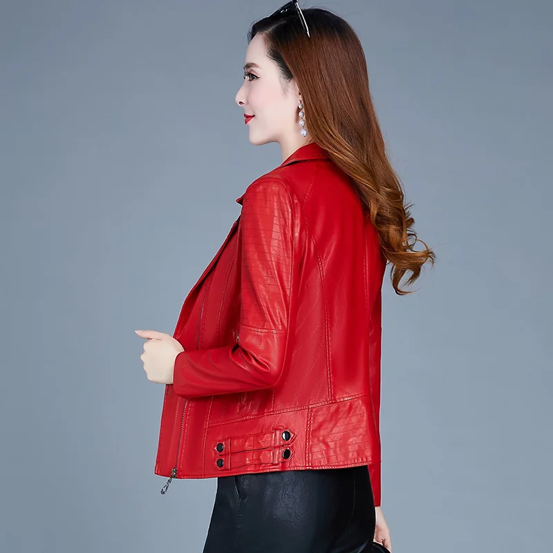 Chaqueta de piel sintética para mujer, abrigo corto ajustado con cremallera, estilo coreano, locomotor, color negro, rojo, primavera y otoño