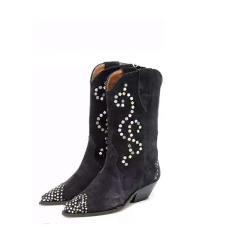 Black Ankle Boots Suede Leather Rivets Studded Women Fashion Pointed Toe Spike Heels Brown Boots Slip On Woman Gladiator Shoes