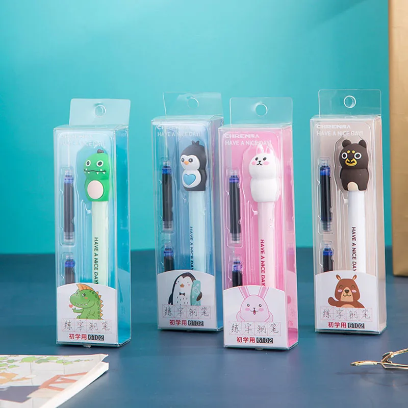 Simpatico cartone animato animali penna stilografica cancellabile Set con inchiostro blu sostituibile calligrafia penna scuola Kawaii studenti regali di cancelleria