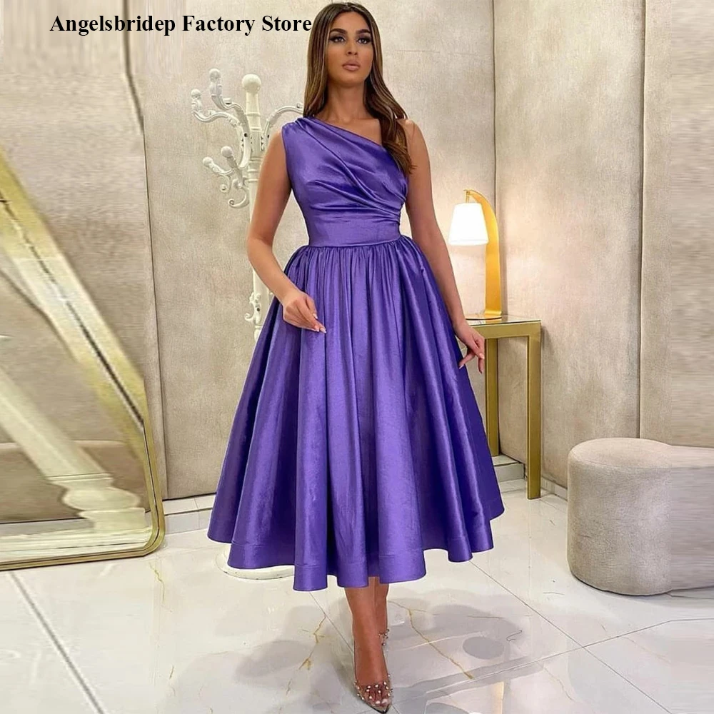 Angelsbridep 2021 Simple Satin A Line Short Evening Dresses One Shoulder Pleats Tea Length Saudi Arabic Prom Gowns Plus Size