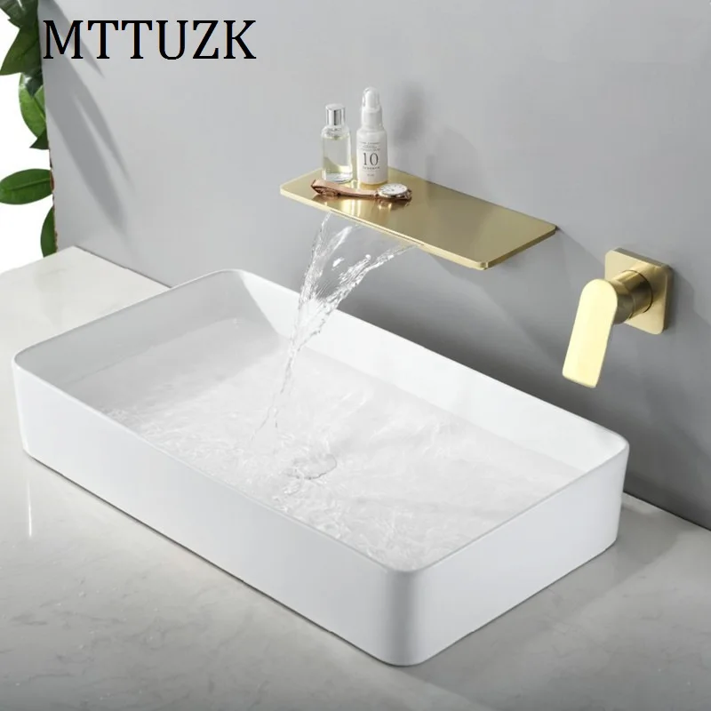 

MTTUZK Wall-mounted Waterfall Faucet With shelf Black Basin Faucet Brass Hot and Cold Water Brushed Gold Wash basin Mixer Tap