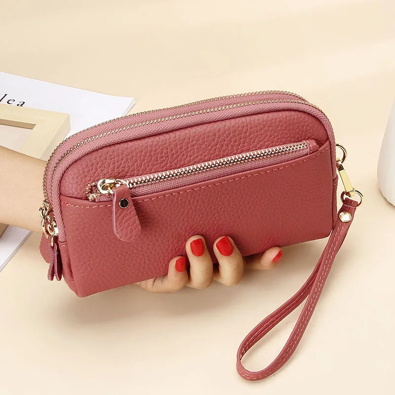 

MJ Genuine Leather Women Long Wallet Large Capacity Zipper Purse Bag Wristlet Clutch Bags Solid Wallets Phone Bag Money Purses